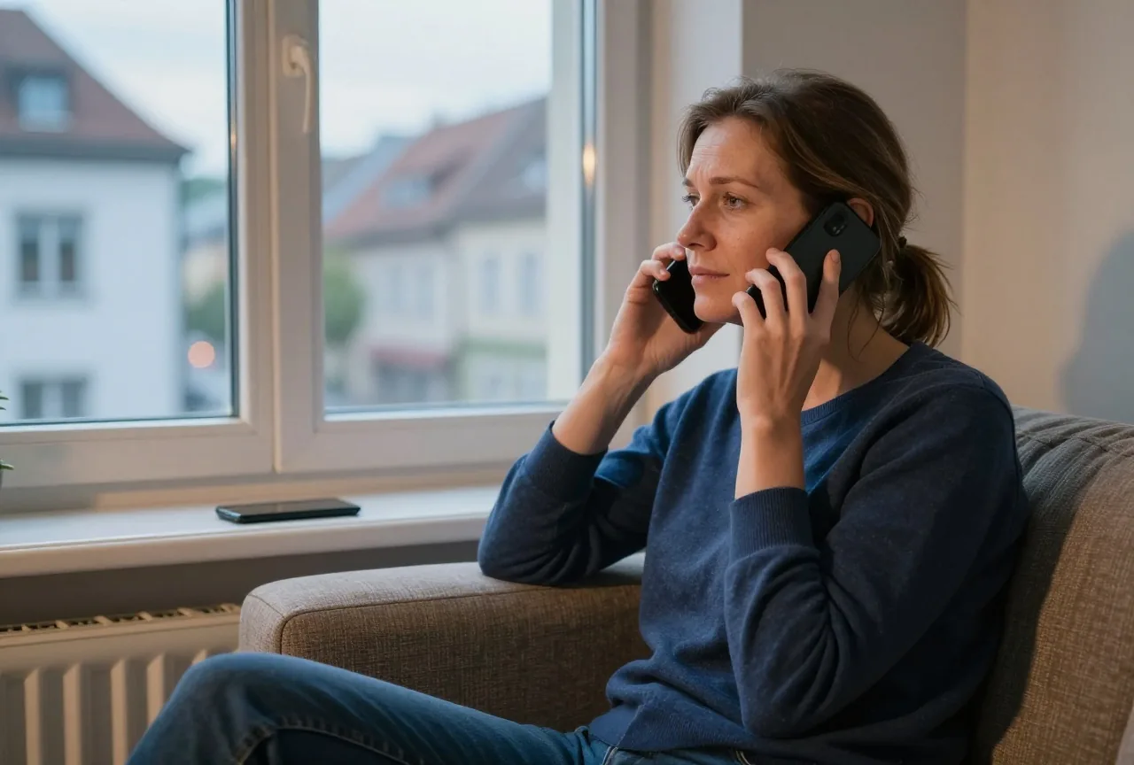 Eine Frau in den Vierzigern sitzt abends auf einem Sofa am Fenster und telefoniert bei warmem Lampenlicht