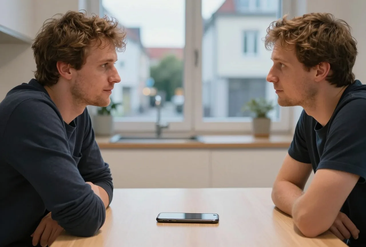 Ein Paar in den Dreißigern sitzt sich am Küchentisch im Gespräch gegenüber, ein Smartphone liegt umgedreht daneben