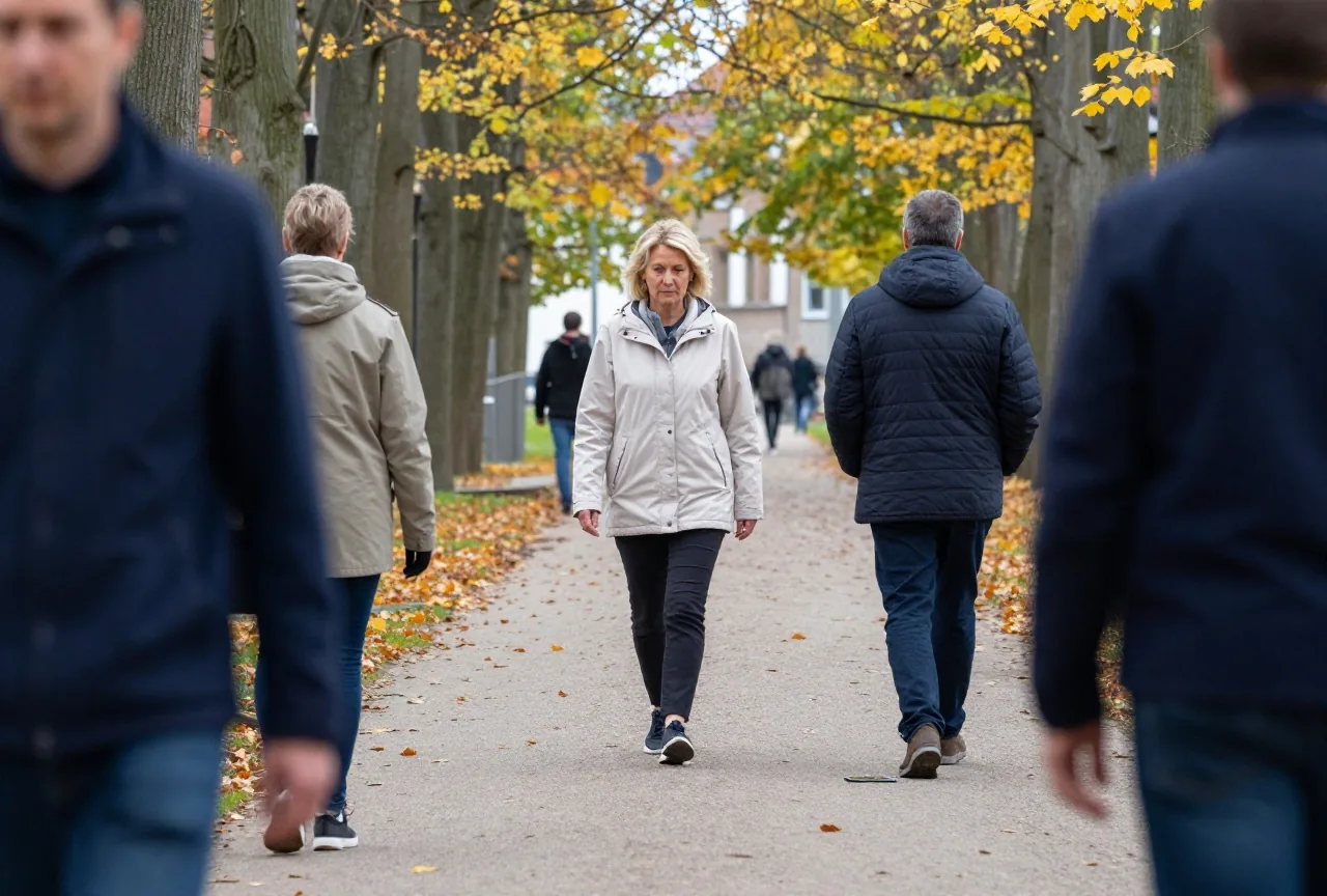 Eine Frau in den Fünfzigern geht allein auf einem Waldweg im Herbst, auf dem Boden liegt goldenes Laub