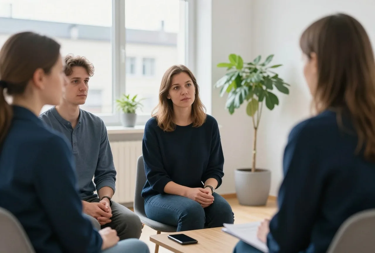 Zwei Erwachsene sitzen in einem hellen Beratungsraum einer Beraterin in den Vierzigern gegenüber und hören zu