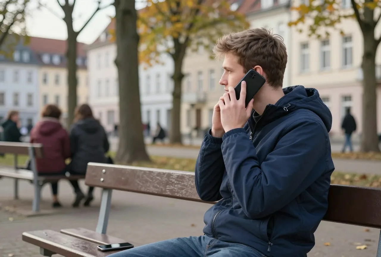 Ein junger Mann sitzt im Herbst auf einer Parkbank und telefoniert, im Hintergrund Bäume im Nachmittagslicht