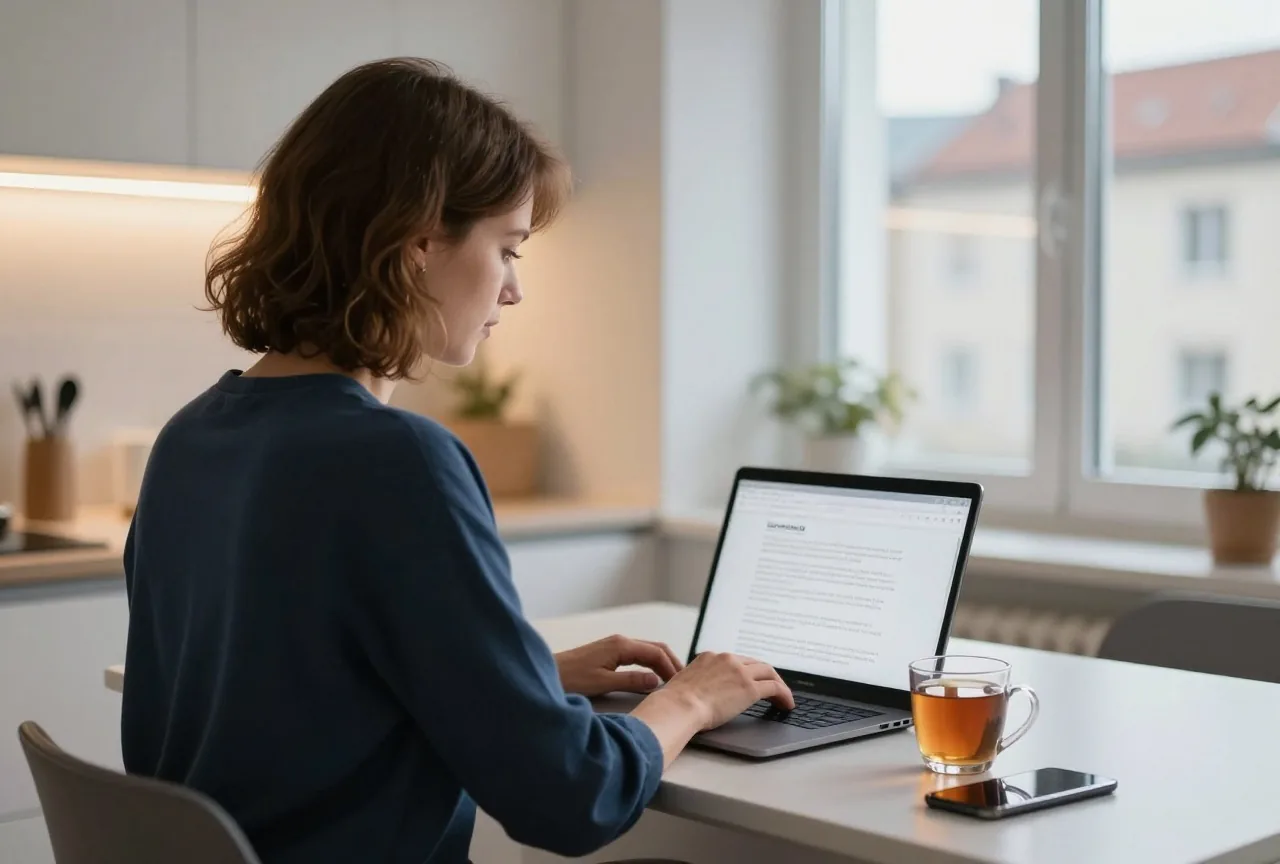 Eine Frau in den Dreißigern sitzt abends am Küchentisch vor einem Laptop, daneben eine Tasse Tee