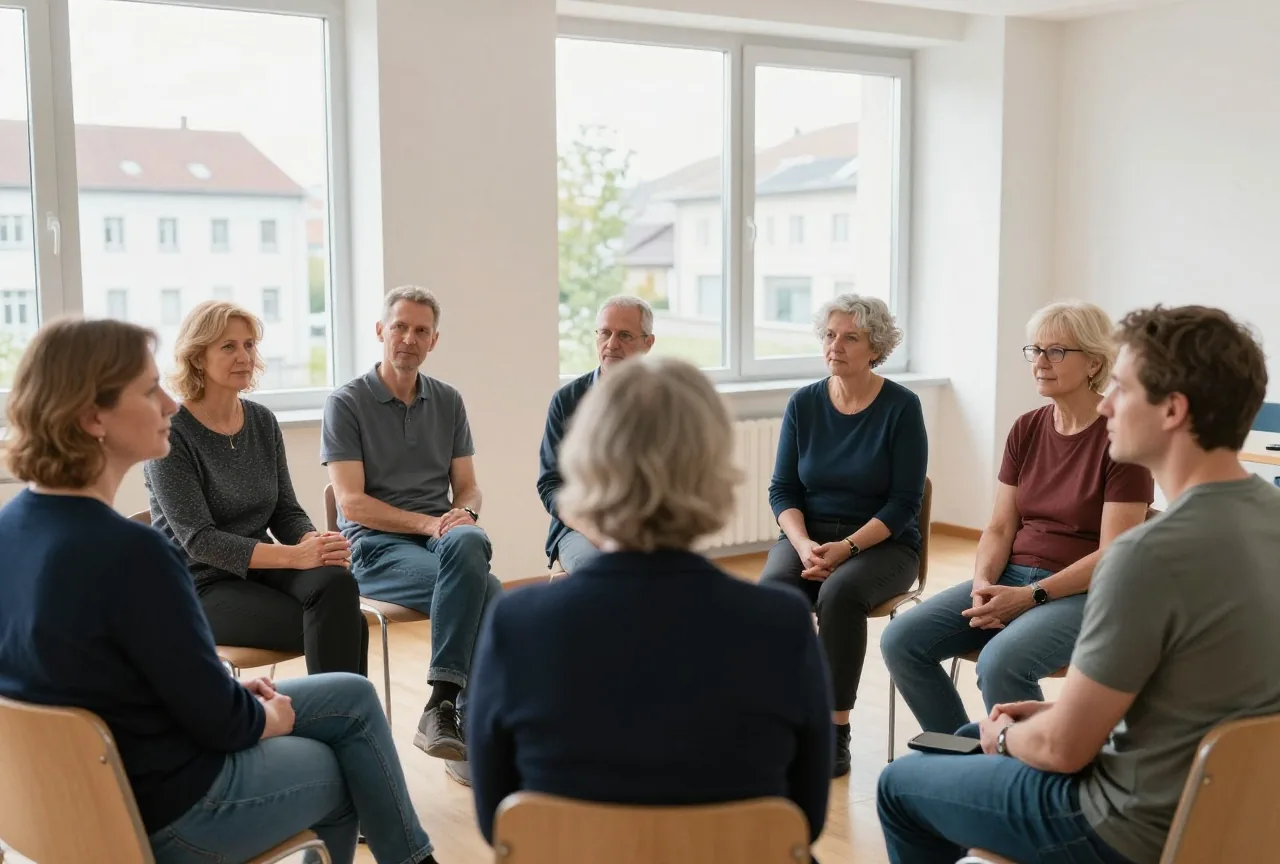 Sechs Erwachsene unterschiedlichen Alters sitzen im Stuhlkreis in einem hellen Gemeinderaum und hören einander zu