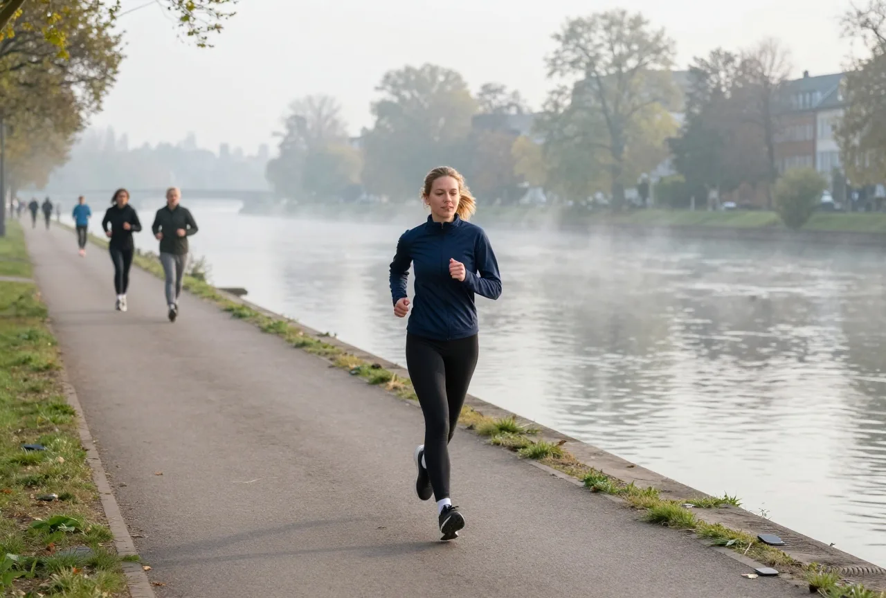Eine junge Frau joggt am frühen Morgen auf einem Weg am Fluss, über dem Wasser liegt leichter Nebel
