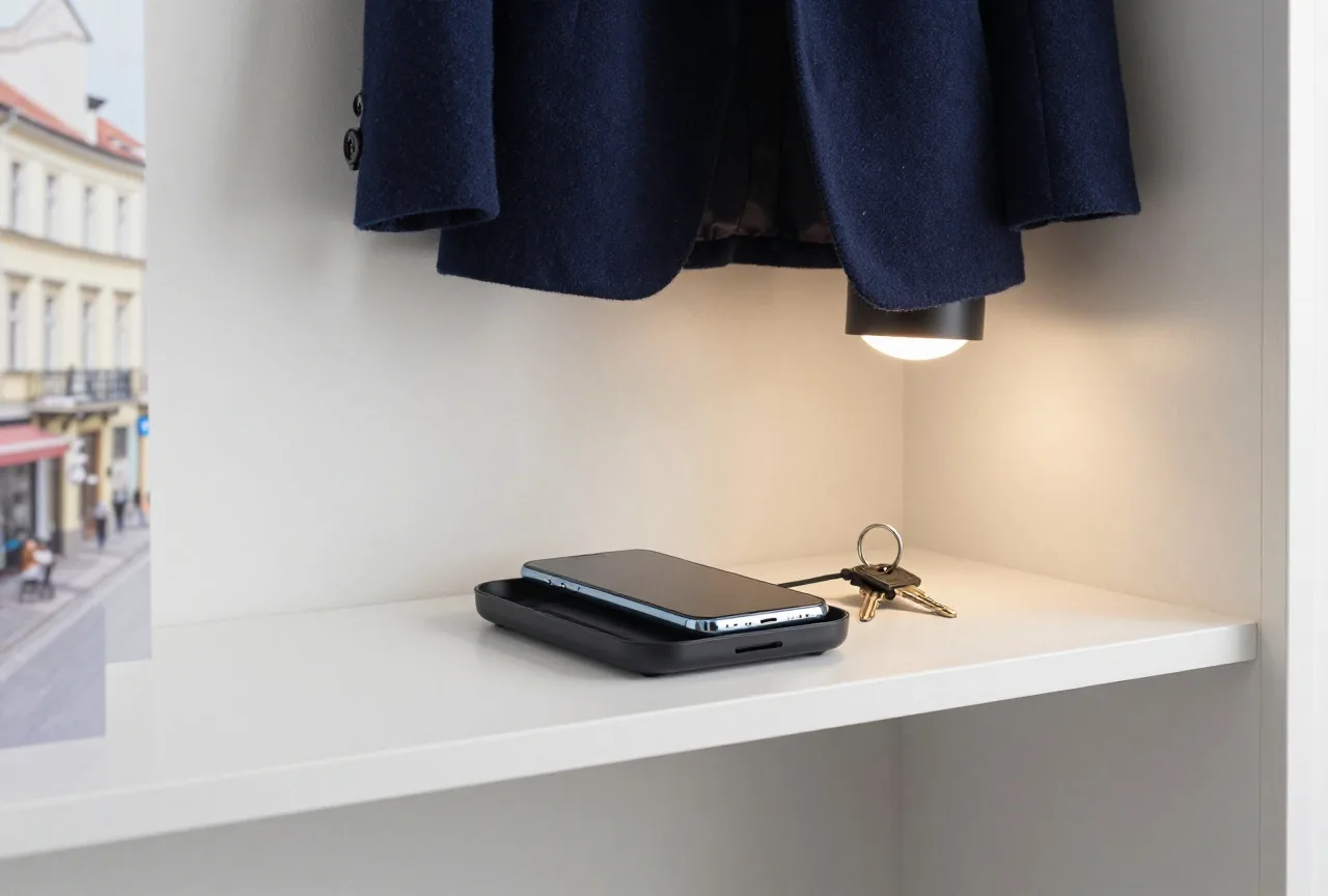 Auf einer Flurablage liegen ein umgedrehtes Smartphone in einer Ladeschale und ein Schlüsselbund, darüber hängt ein Mantel