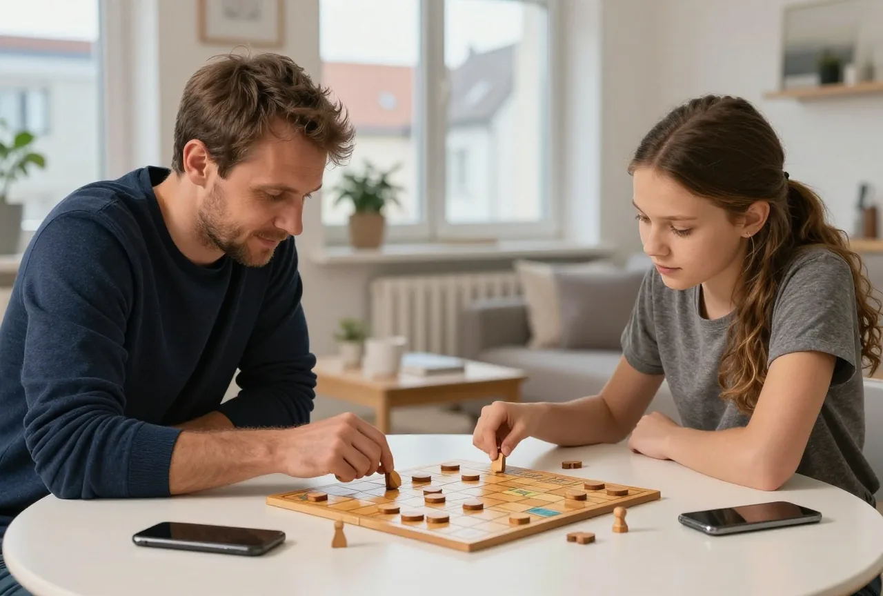Ein Mann in den Vierzigern und seine erwachsene Tochter spielen im gemütlichen Wohnzimmer ein Brettspiel mit Holzfiguren