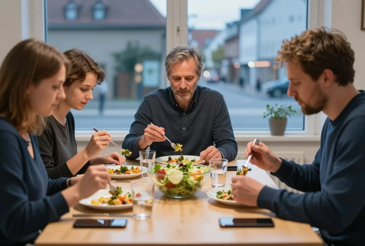 Drei Erwachsene essen an einem gedeckten Tisch zu Abend und unterhalten sich, auf dem Tisch liegen keine Geräte