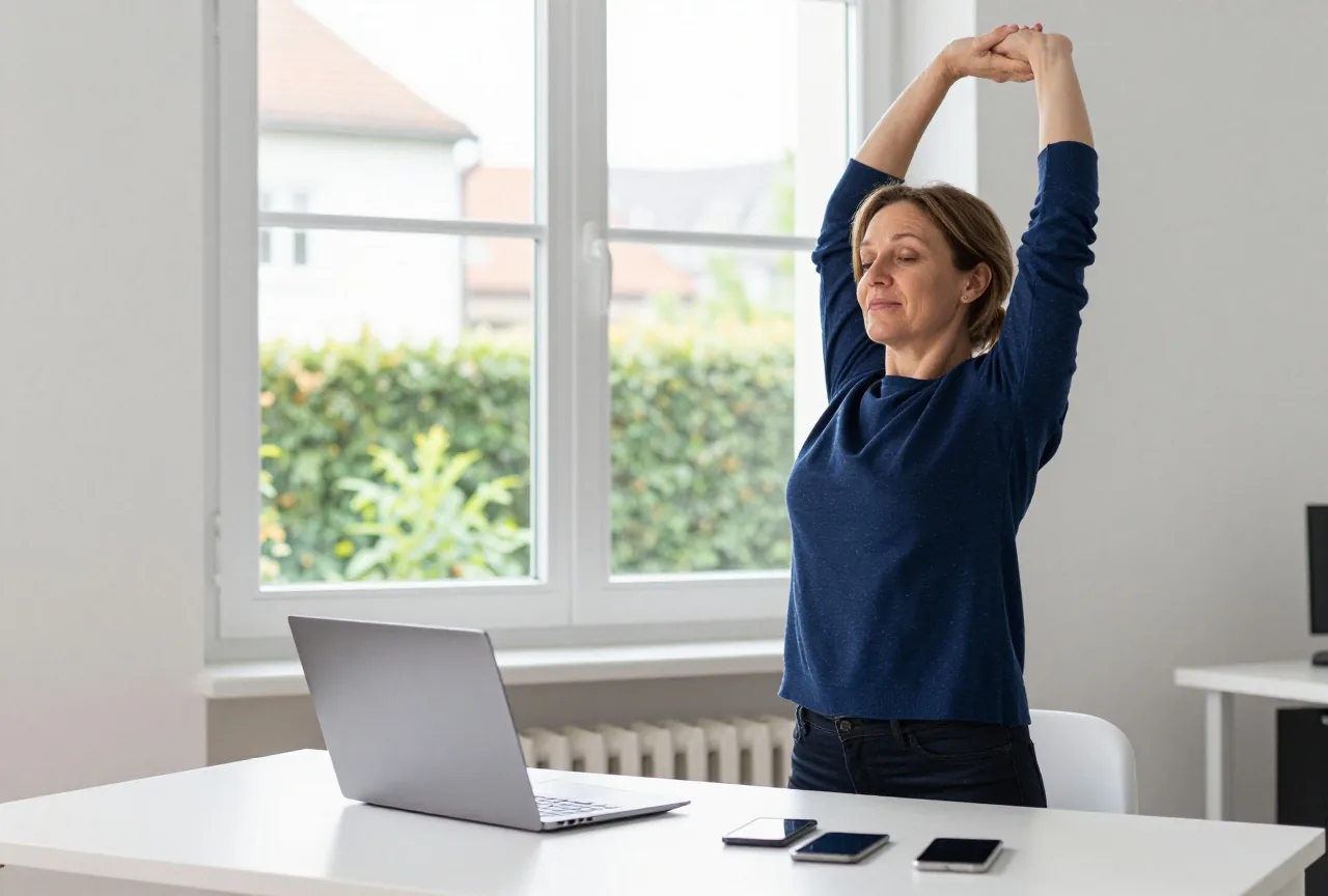Eine Frau in den Vierzigern steht vom Schreibtisch im Homeoffice auf und streckt sich, der Laptop ist zugeklappt