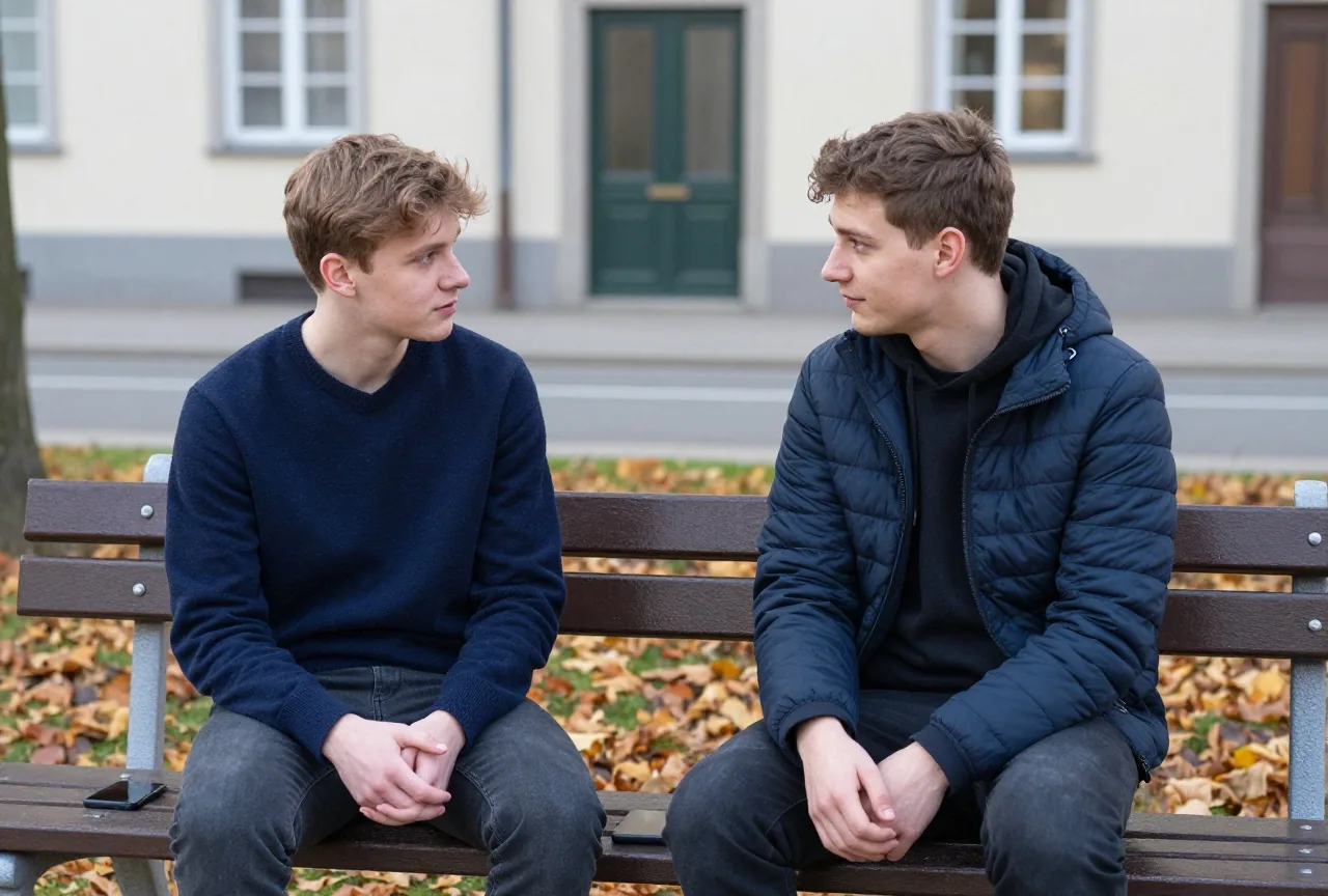 Zwei junge Erwachsene sitzen nachmittags auf einer Parkbank und sprechen miteinander, Herbstlaub am Boden
