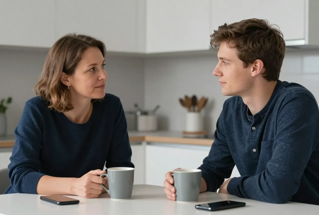 Eine Mutter in den Vierzigern und ihr erwachsener Sohn sitzen am Küchentisch und reden ruhig miteinander