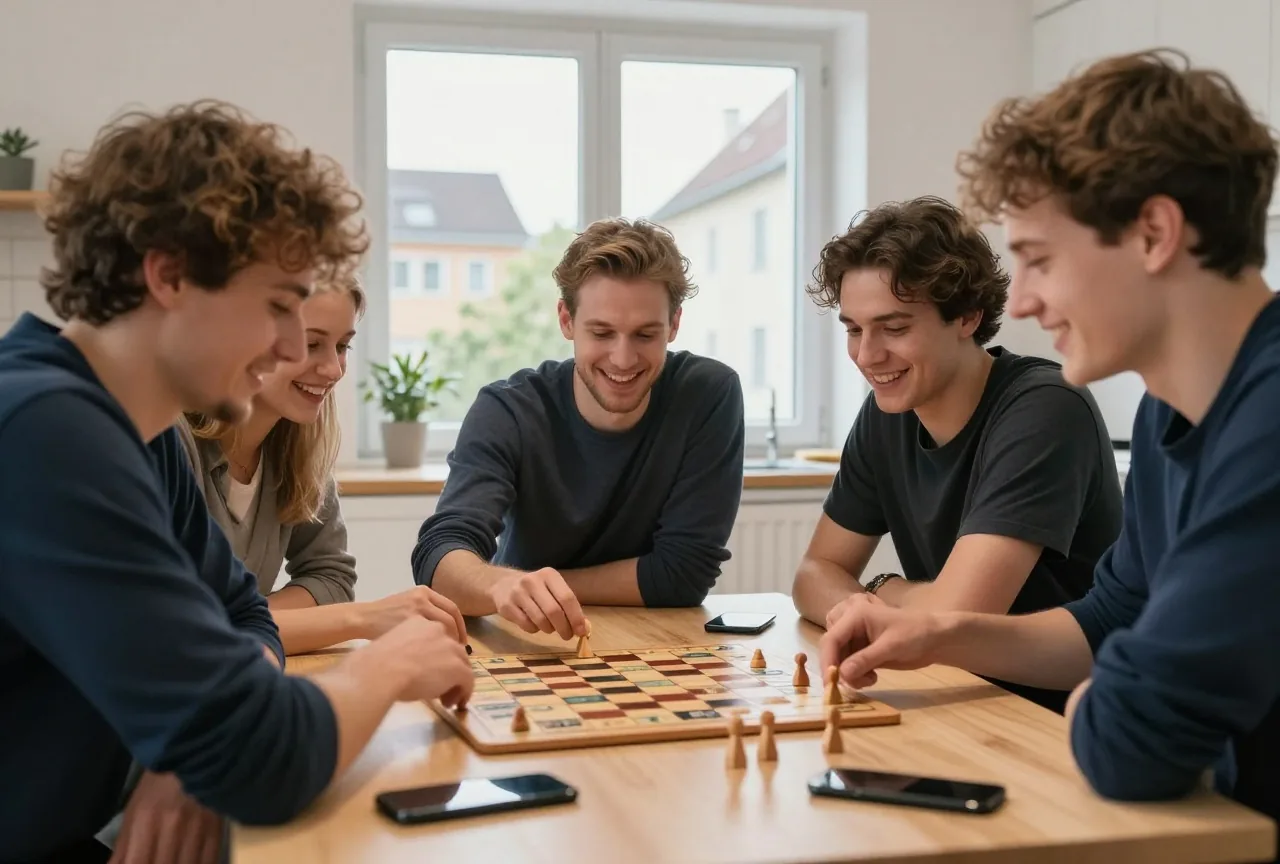 Drei junge Erwachsene spielen am Küchentisch ein Brettspiel mit Holzfiguren und lachen