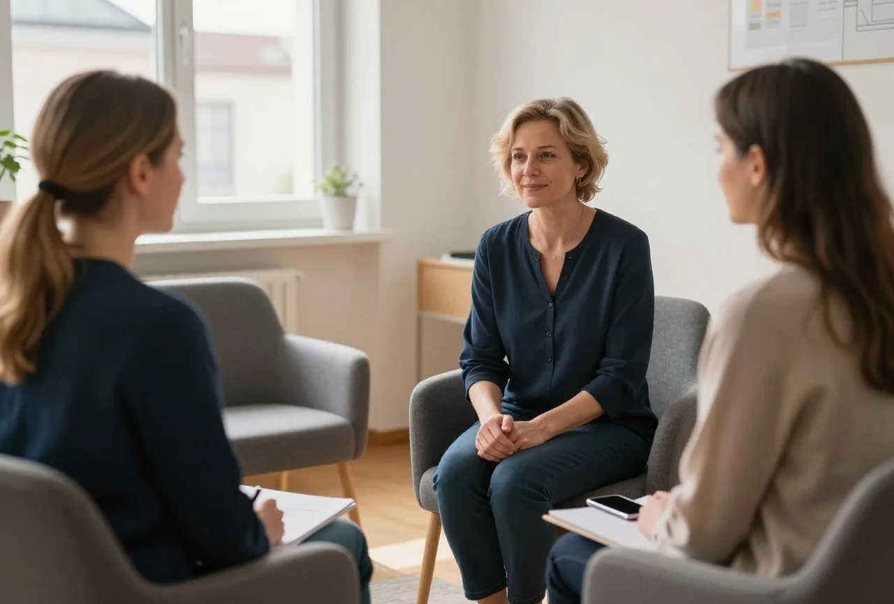 Eine Therapeutin in den Vierzigern und eine Frau in den Dreißigern sitzen sich in einer ruhigen Praxis gegenüber