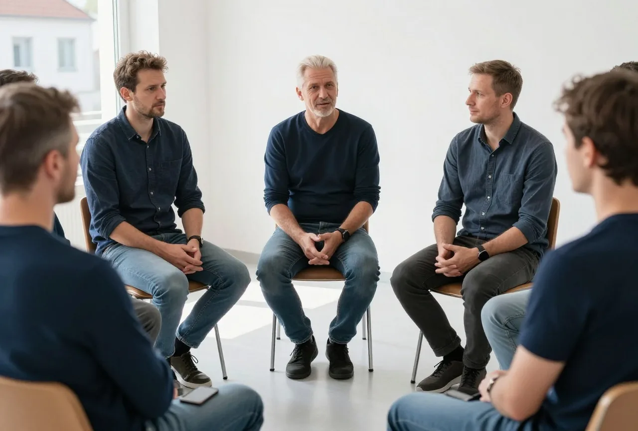 Sechs Männer unterschiedlichen Alters sitzen in einem hellen Raum im Stuhlkreis und hören einem von ihnen zu