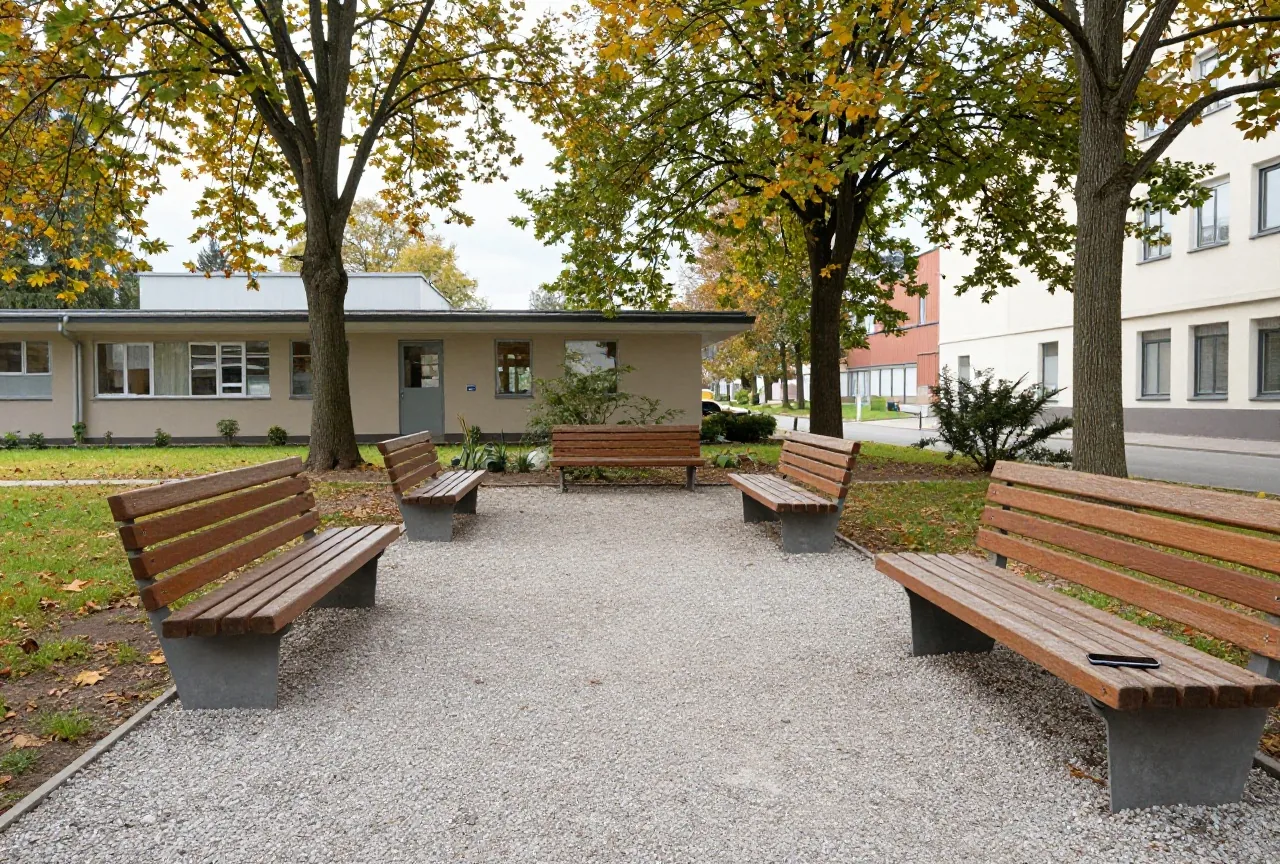 Ein ruhiger Klinikgarten mit Kiesweg, Holzbänken und hohen Herbstbäumen vor einem flachen Gebäude