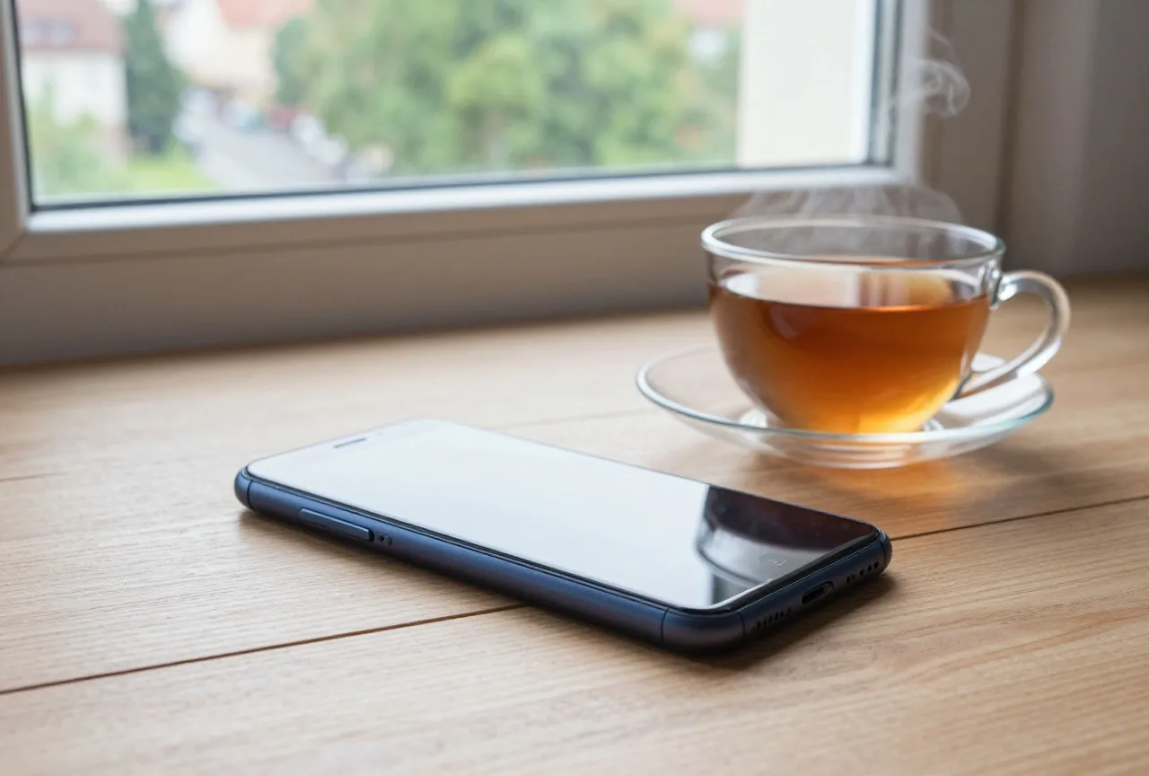 Ein Smartphone liegt mit dem Display nach unten auf einem Holztisch neben einer Tasse Tee