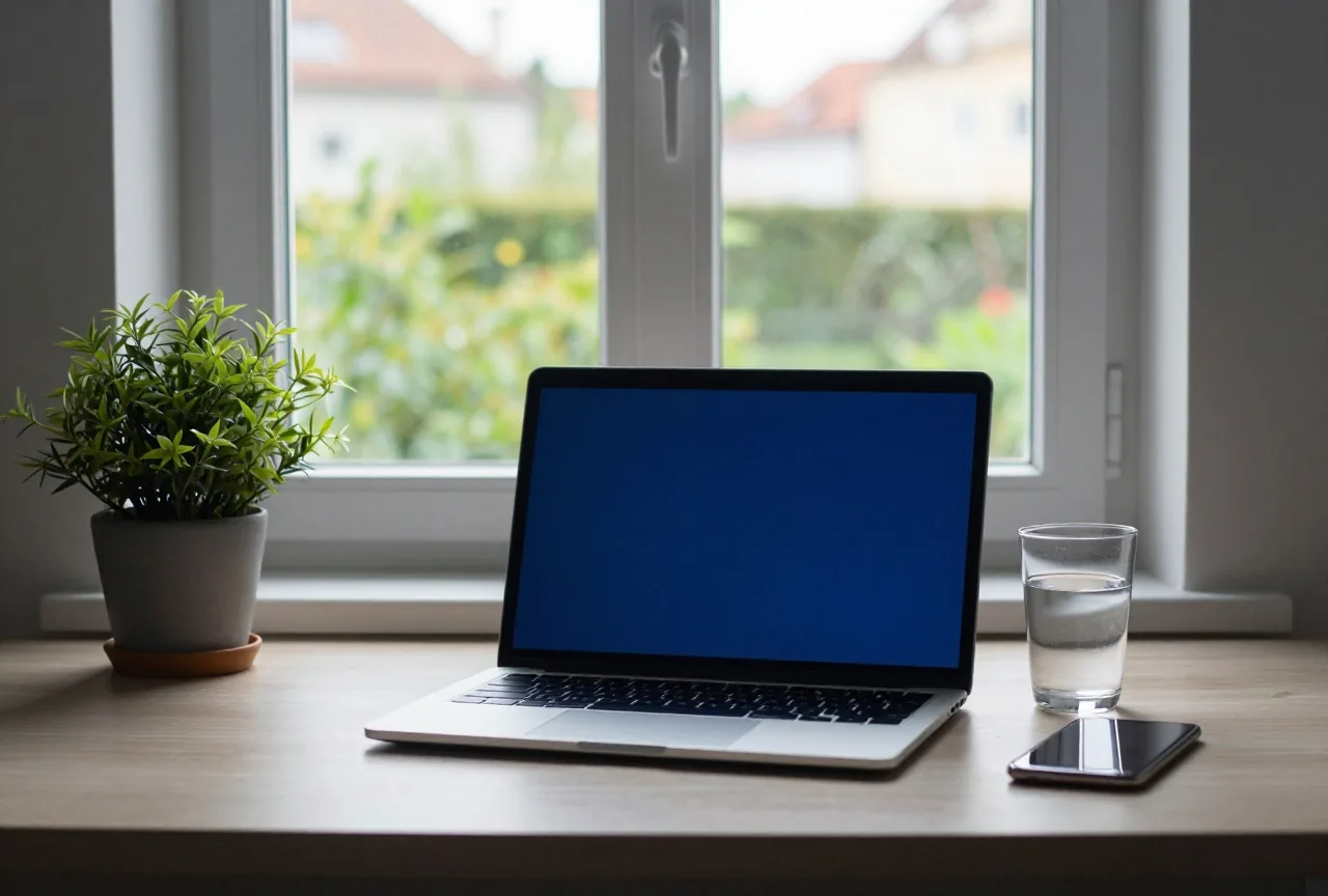 Ein zugeklappter Laptop steht auf einem Schreibtisch vor einem offenen Fenster mit Blick in einen grünen Garten
