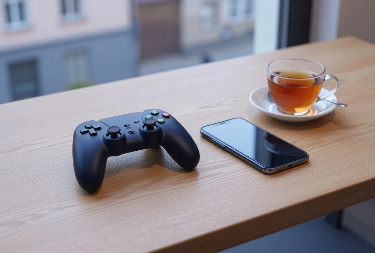 Ein Spielecontroller und ein umgedrehtes Smartphone liegen neben einer Teetasse auf einem Couchtisch
