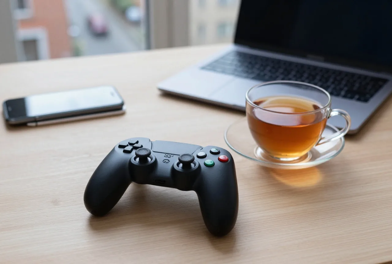 Ein Spielecontroller liegt auf einem Holztisch neben einer Tasse Tee im warmen Abendlicht