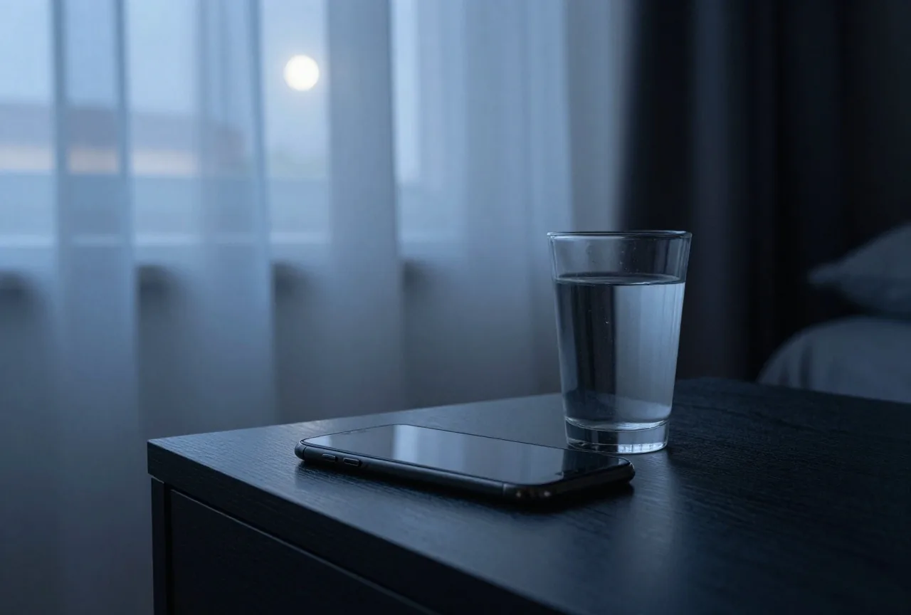 Ein dunkles Schlafzimmer bei Nacht, auf dem Nachttisch liegen ein umgedrehtes Smartphone und ein Glas Wasser
