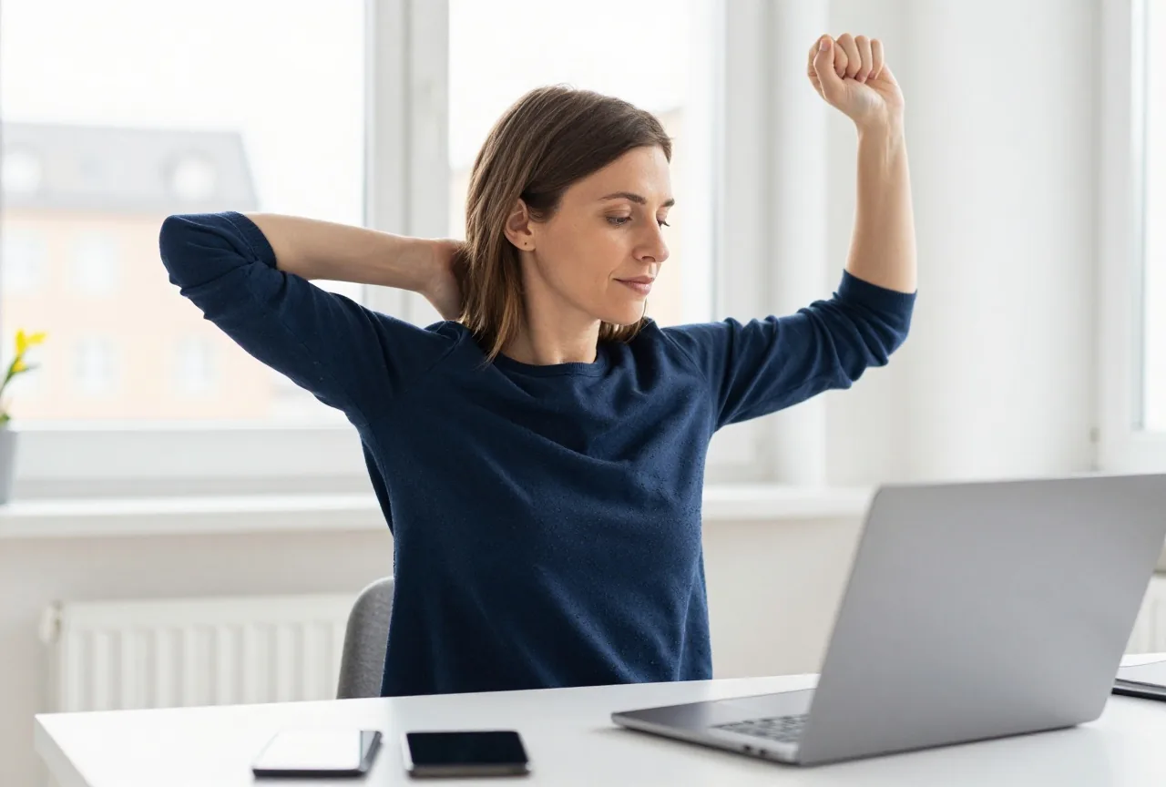 Eine Frau dehnt im hellen Homeoffice Arme und Schultern neben einem Schreibtisch mit zugeklapptem Laptop