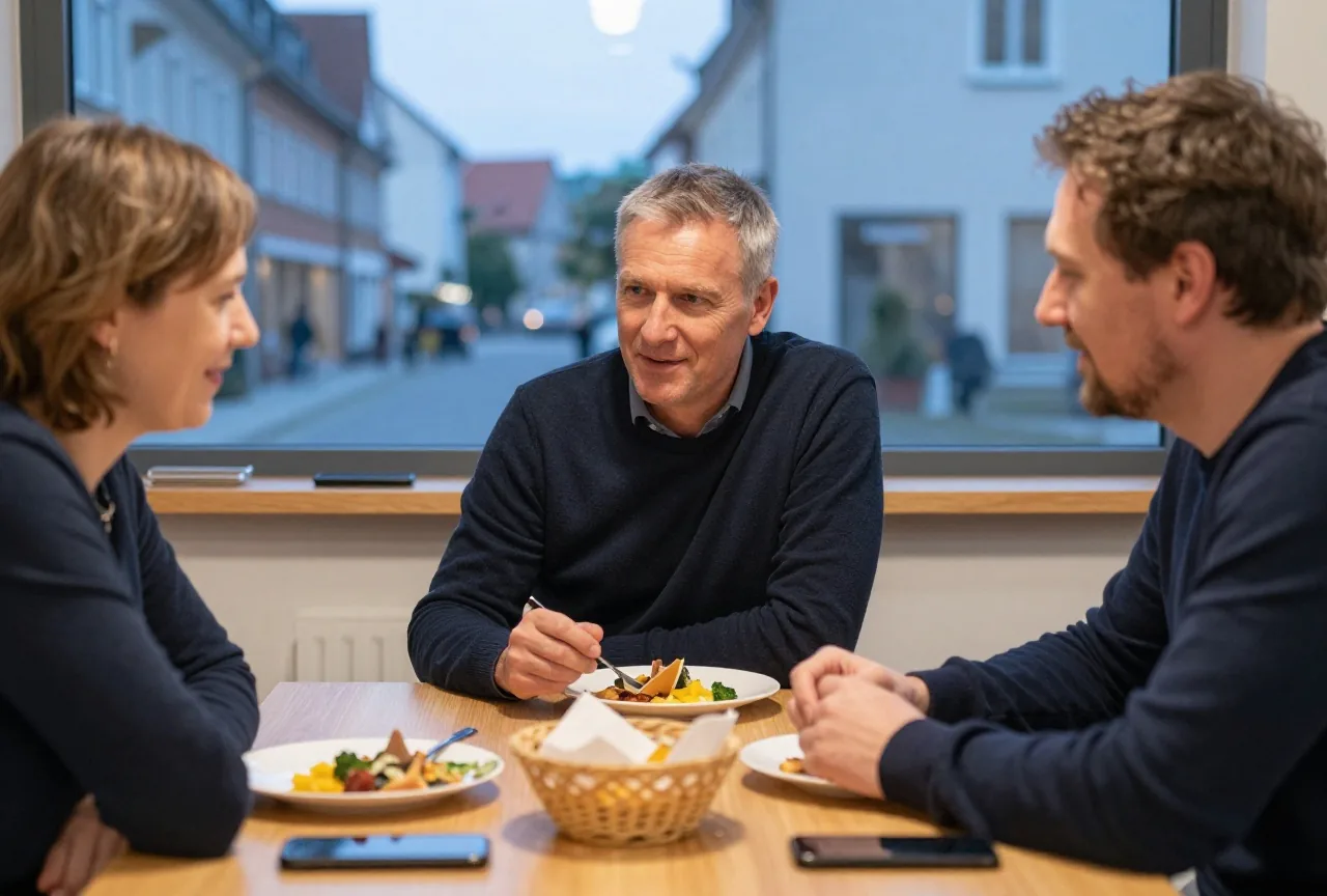 Drei Erwachsene unterschiedlichen Alters essen abends gemeinsam am Holztisch, die Handys liegen umgedreht in einem Korb