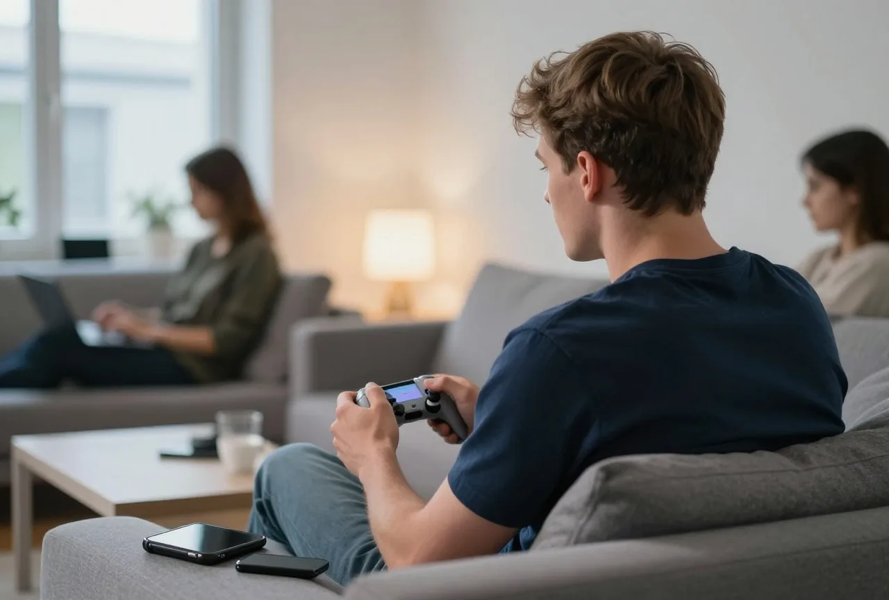 Ein junger Mann sitzt spätabends mit einem Controller auf dem Sofa, von hinten gesehen, der Raum in weichem Licht