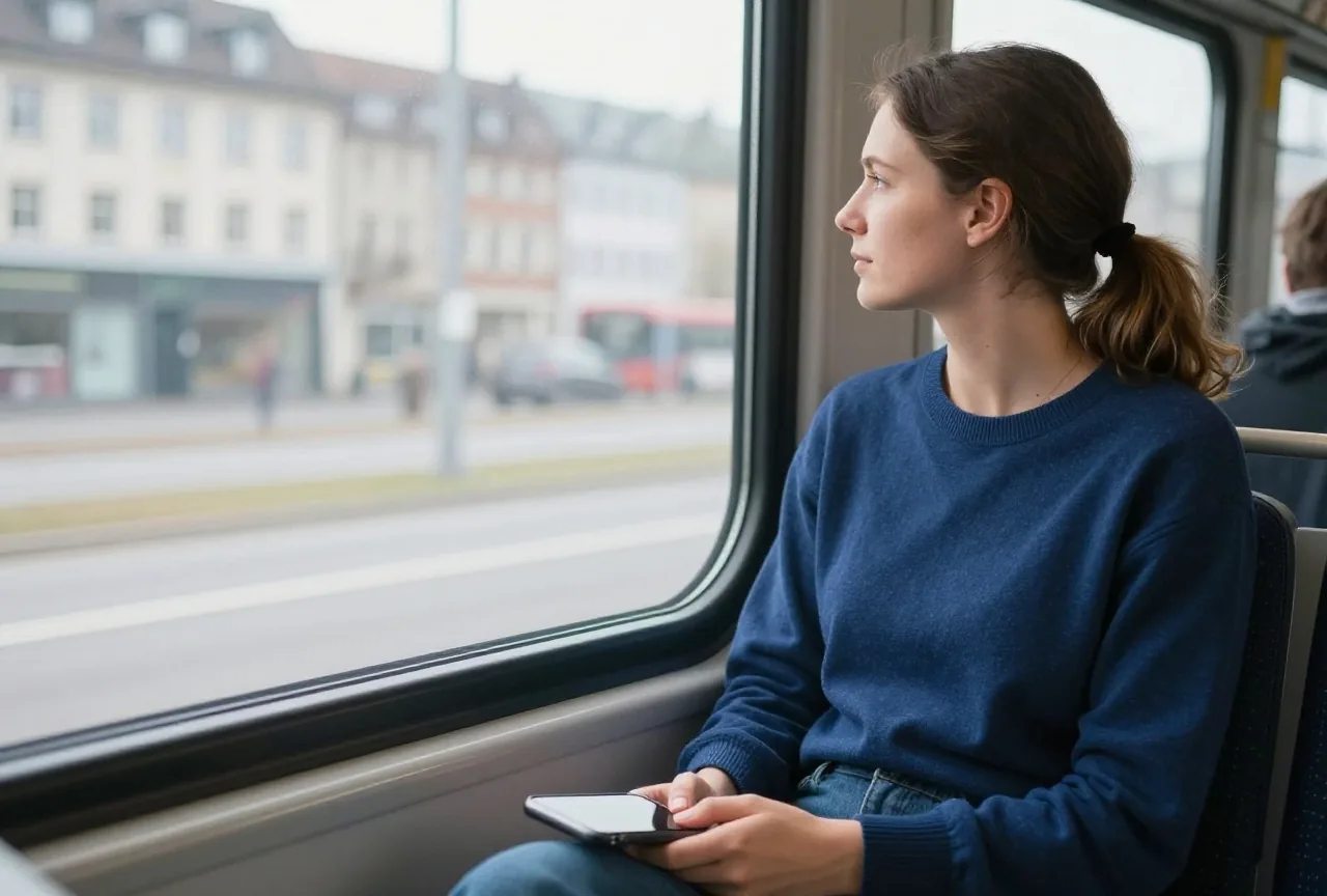 Eine junge Frau sitzt am Fenster einer Straßenbahn und schaut hinaus, ihr Smartphone liegt umgedreht auf dem Schoß