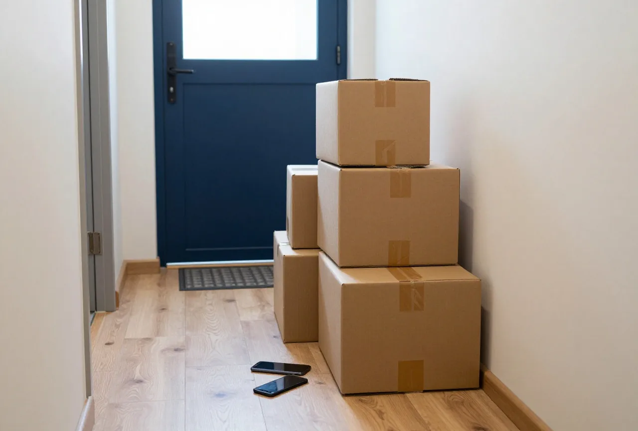 Mehrere ungeöffnete Pakete aus Karton stapeln sich im Flur einer Wohnung neben der Eingangstür