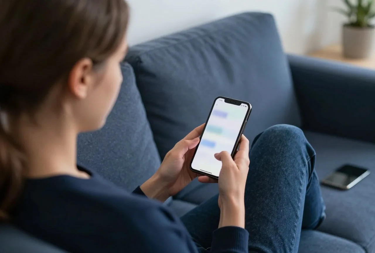 Eine junge Frau sitzt abends auf dem Sofa und blickt auf ihr Smartphone, von hinten über die Schulter gesehen