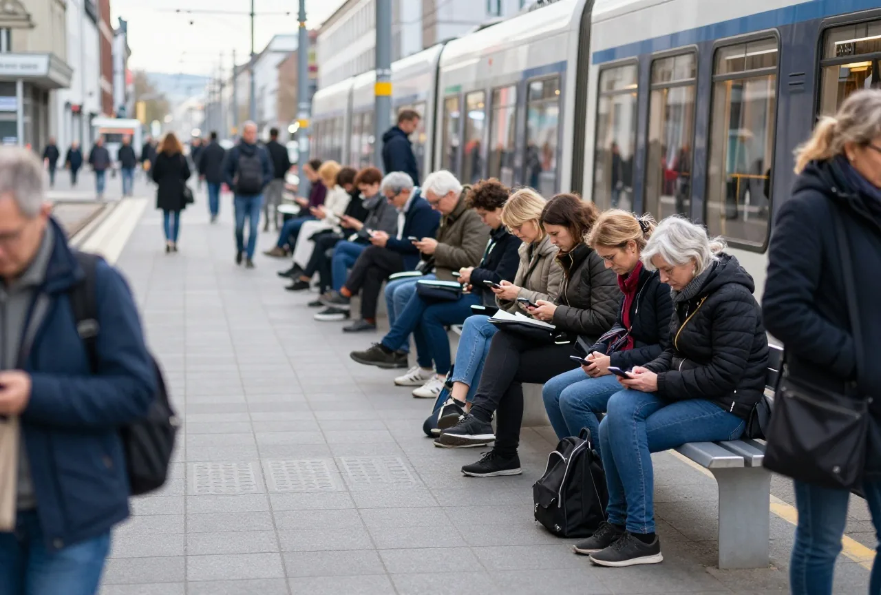 Pendlerinnen und Pendler unterschiedlichen Alters warten morgens am Bahnsteig, viele schauen auf ihr Handy