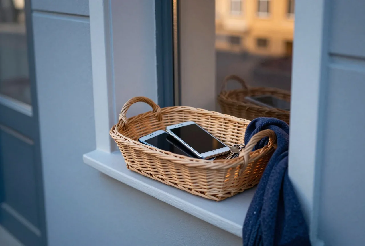 In einem Korb auf einer Flurkommode liegen zwei umgedrehte Smartphones neben Schlüsseln und einem Schal