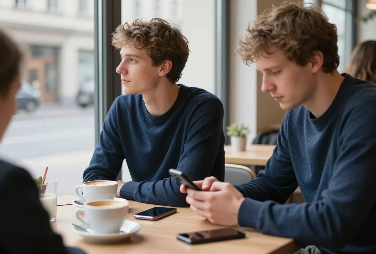 Zwei Menschen sitzen im Café an einem Tisch, eine Person schaut aus dem Fenster, die andere auf ihr Handy