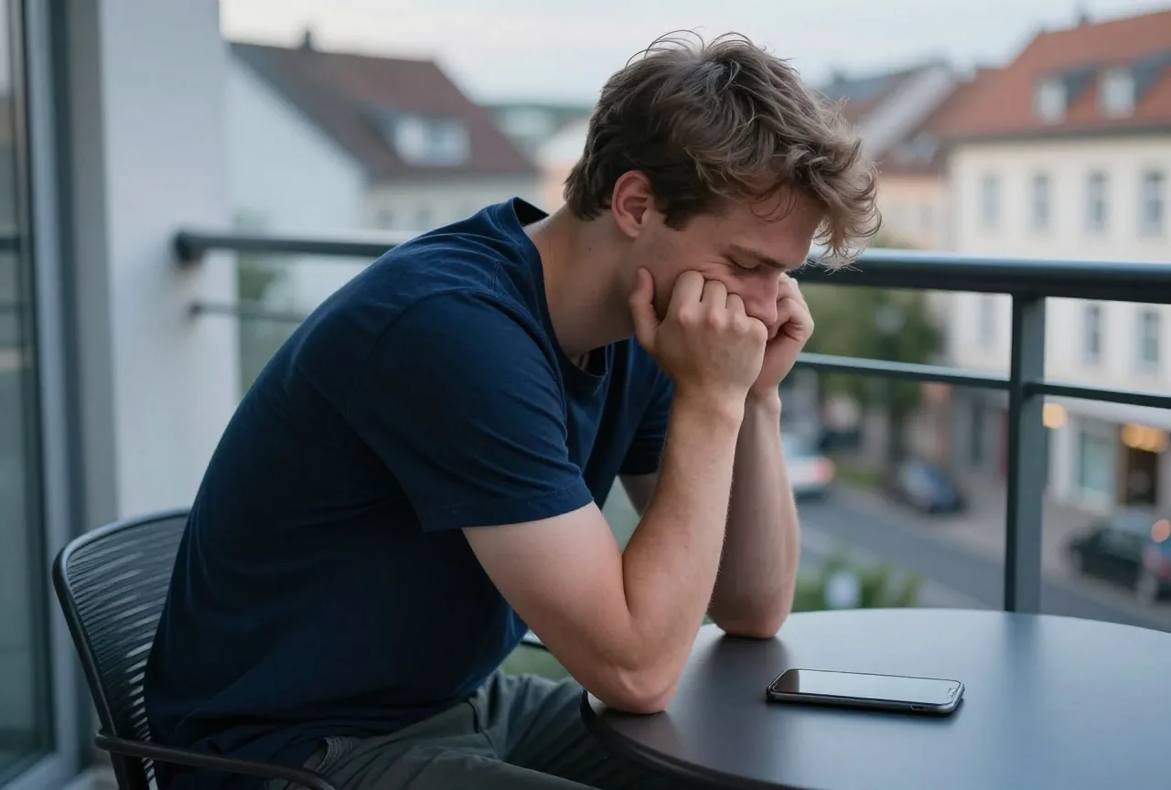 Ein junger Mann sitzt in der Dämmerung nachdenklich auf dem Balkon, neben ihm liegt ein umgedrehtes Smartphone