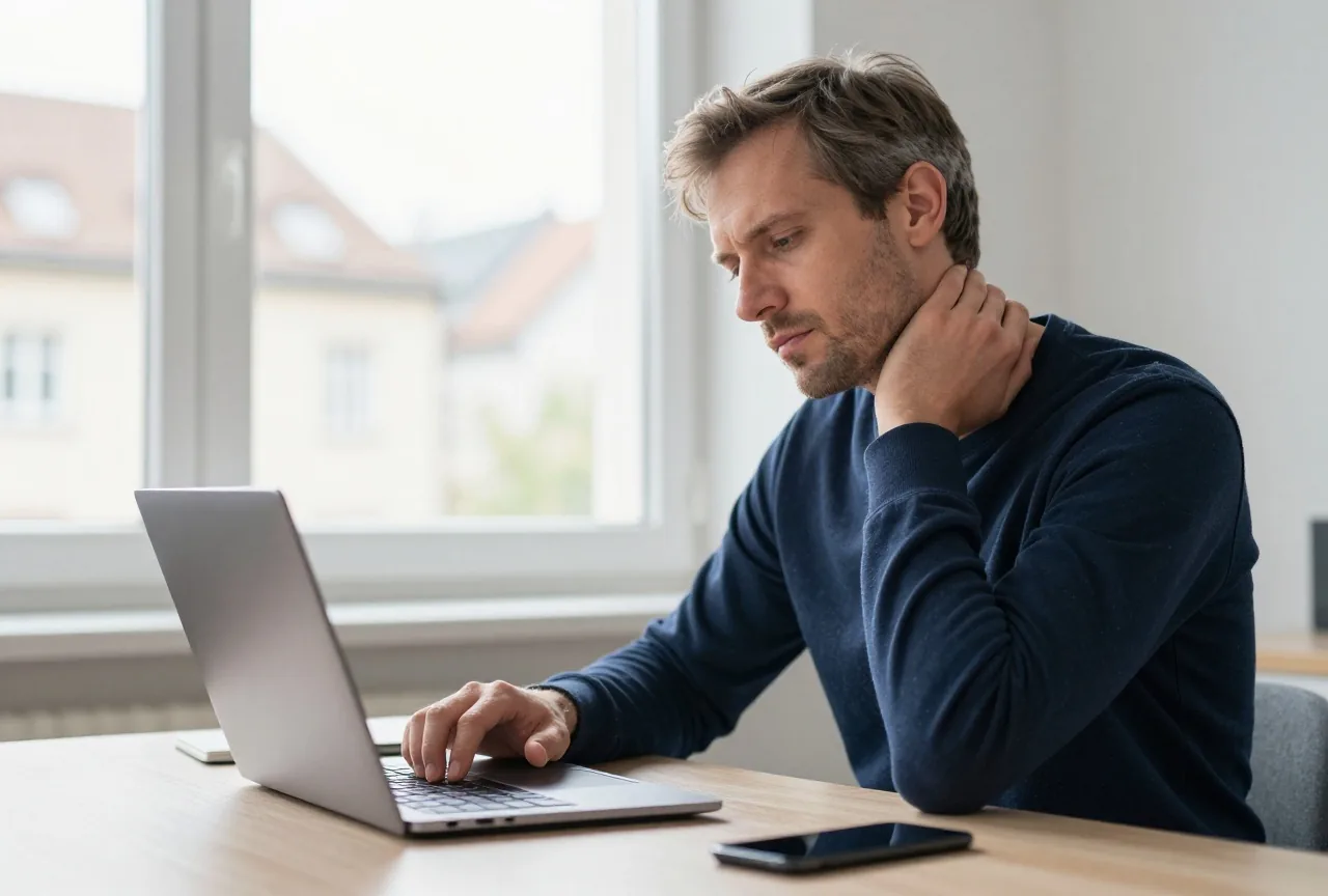 Ein Mann in den Vierzigern sitzt im Homeoffice am Schreibtisch und reibt sich den Nacken, vor ihm ein zugeklappter Laptop