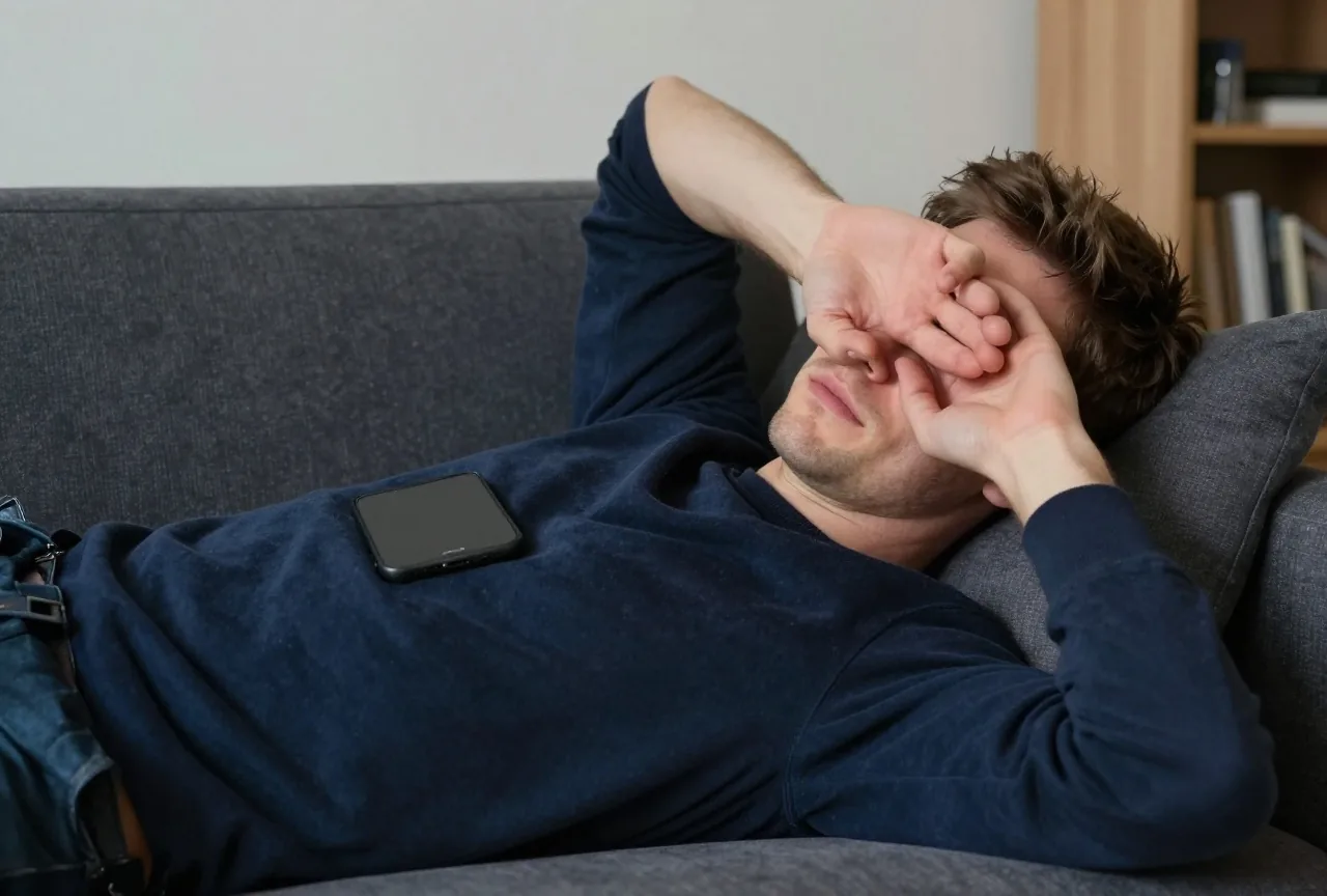 Ein Mann liegt abends erschöpft auf dem Sofa, einen Arm über den Augen, das Smartphone umgedreht auf der Brust