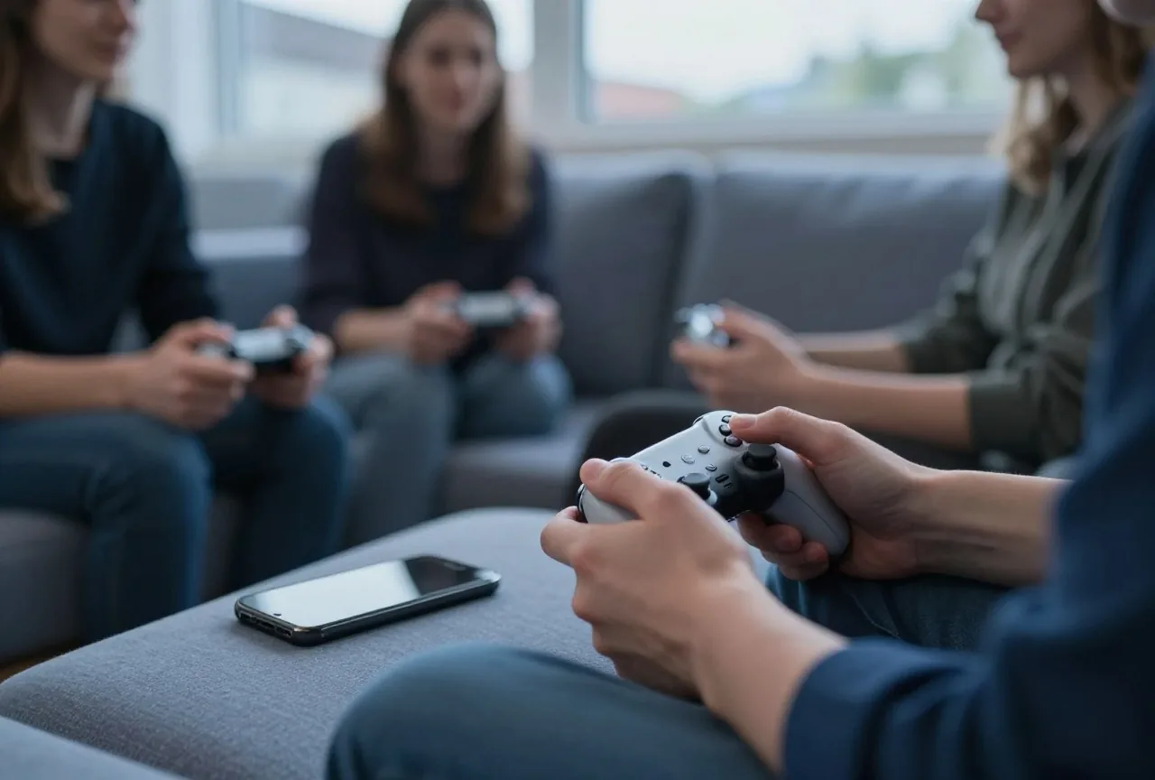 Zwei Hände halten abends auf einem Sofakissen einen Spielcontroller, der Raum in weichem, verschwommenem Licht