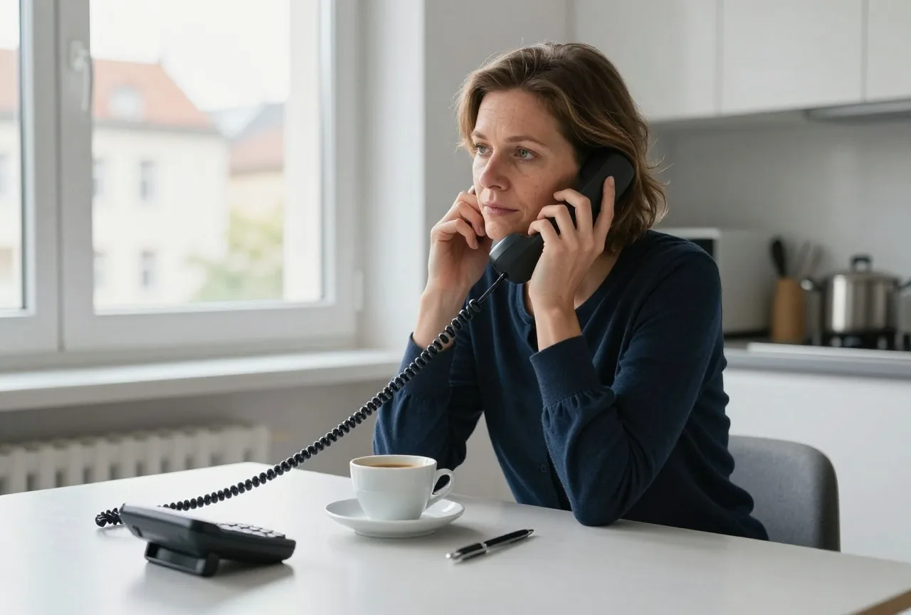 Eine Frau in den Vierzigern sitzt am Küchentisch und telefoniert mit einem Festnetztelefon, daneben Kaffee und Stift