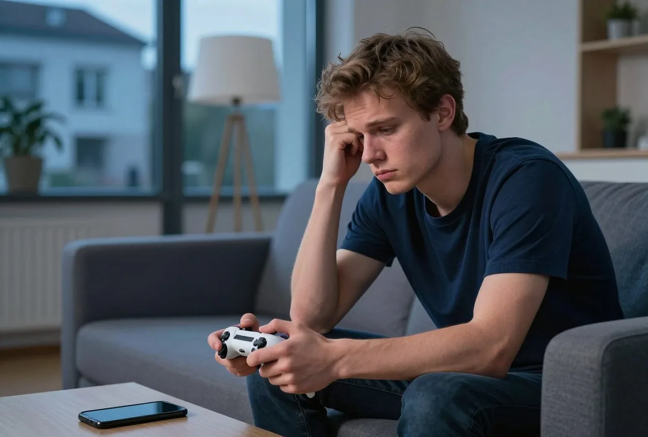 Ein junger Mann sitzt spätabends müde mit einem Spielecontroller auf dem Sofa, neben ihm eine gedimmte Lampe