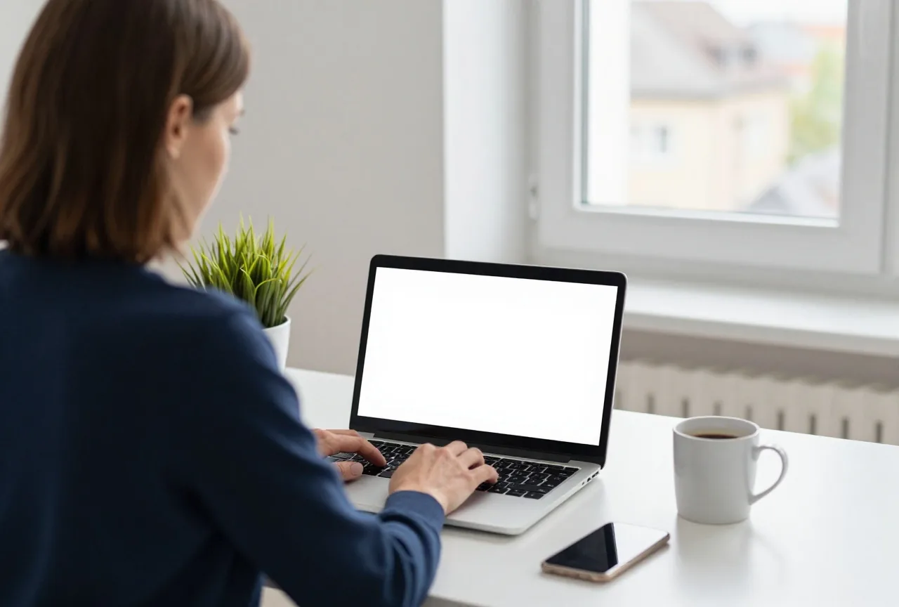 Eine Frau in den Dreißigern arbeitet in einem hellen Arbeitszimmer am Laptop, daneben eine Pflanze und ein Kaffeebecher