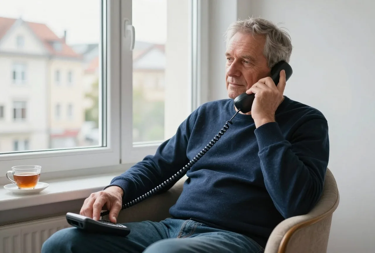Ein älterer Mann in den Sechzigern sitzt im Sessel am Fenster und telefoniert, daneben eine Tasse Tee