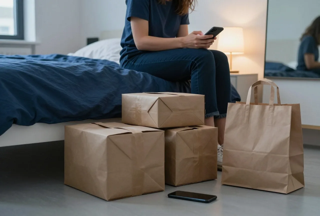 Eine Frau in den Dreißigern sitzt abends auf dem Bett, auf dem Boden stehen Einkaufstüten und Pakete