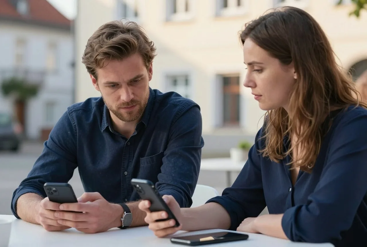 Ein Paar in den Dreißigern sitzt am Esstisch, er schaut auf sein Handy, sie schaut ihn an