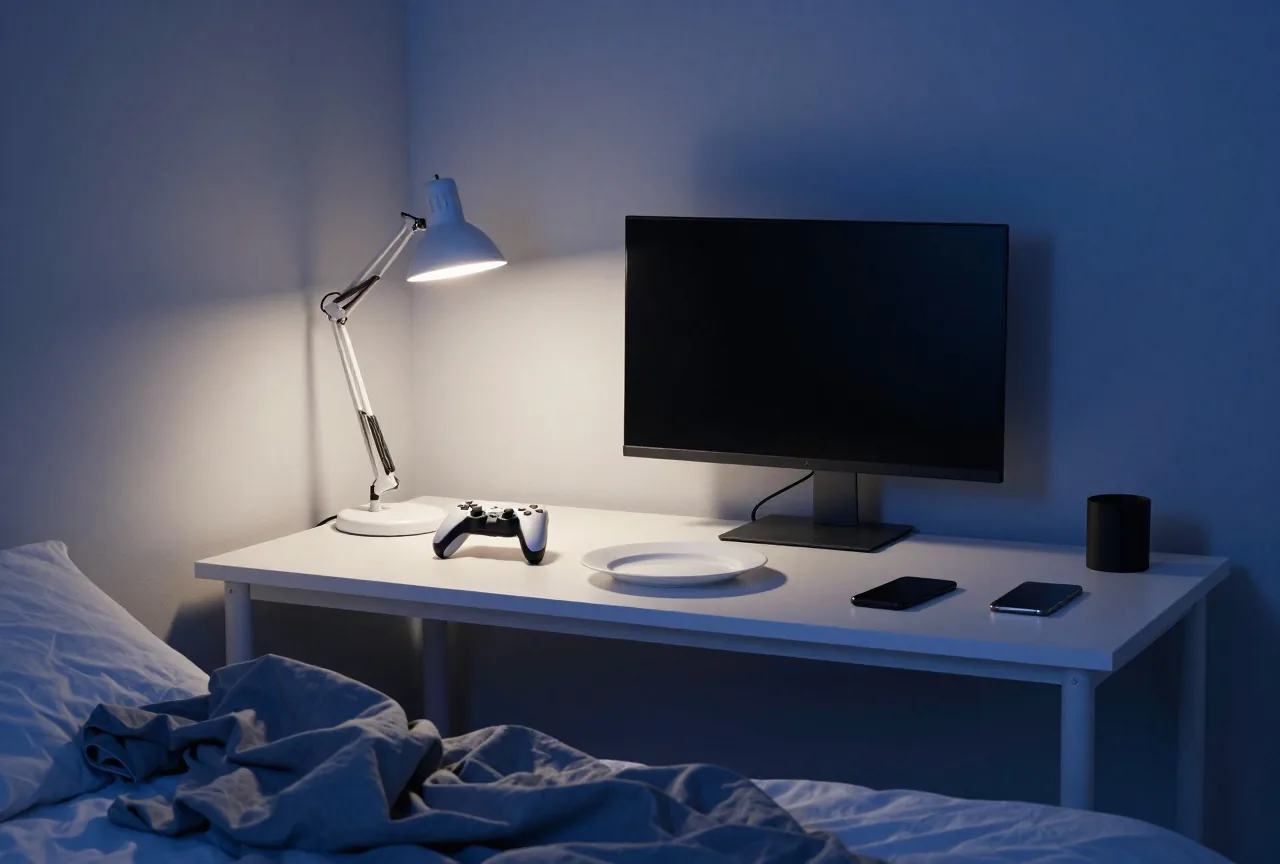 Ein unaufgeräumtes Zimmer bei Nacht mit Schreibtischlampe, Spielecontroller und leerem Teller auf dem Schreibtisch