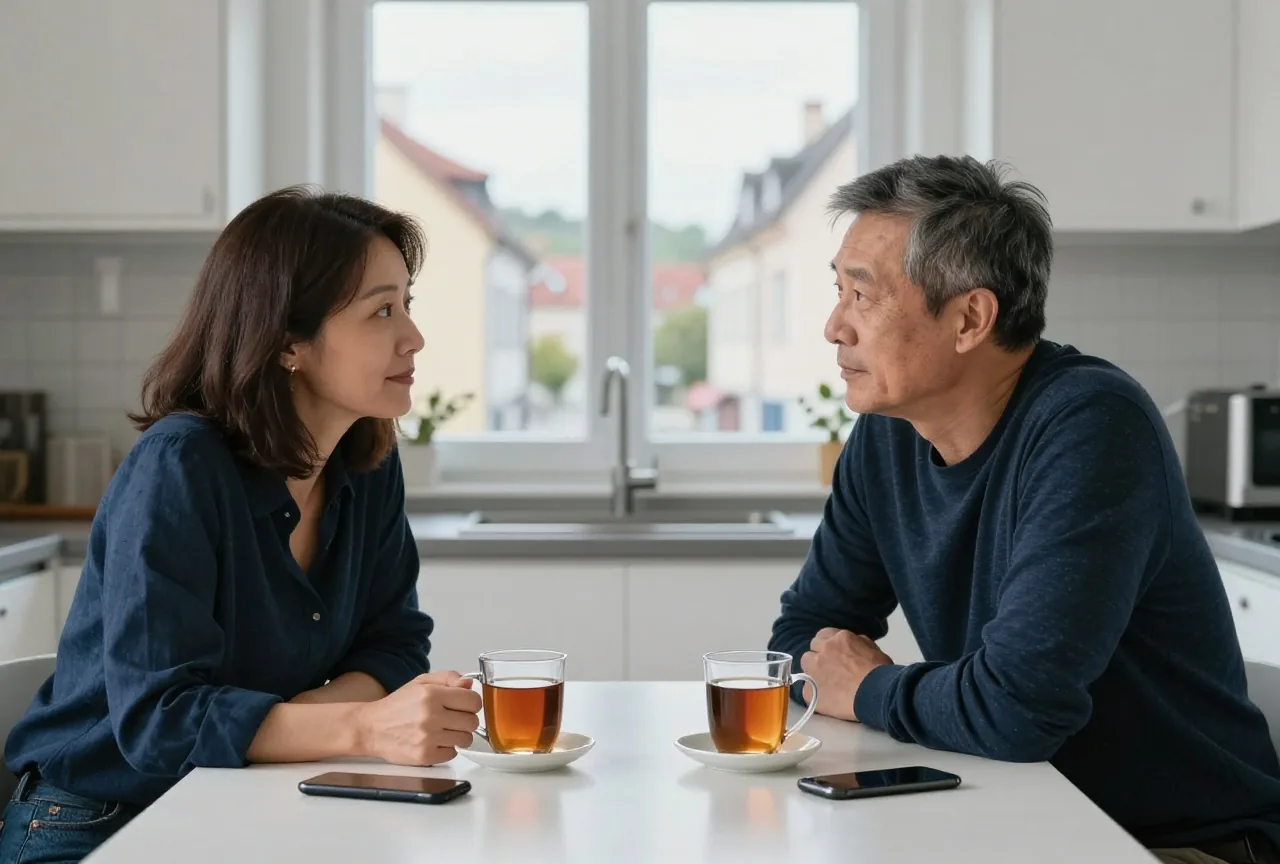 Eine Mutter und ein Vater in den Vierzigern sitzen am Küchentisch und sprechen ruhig miteinander
