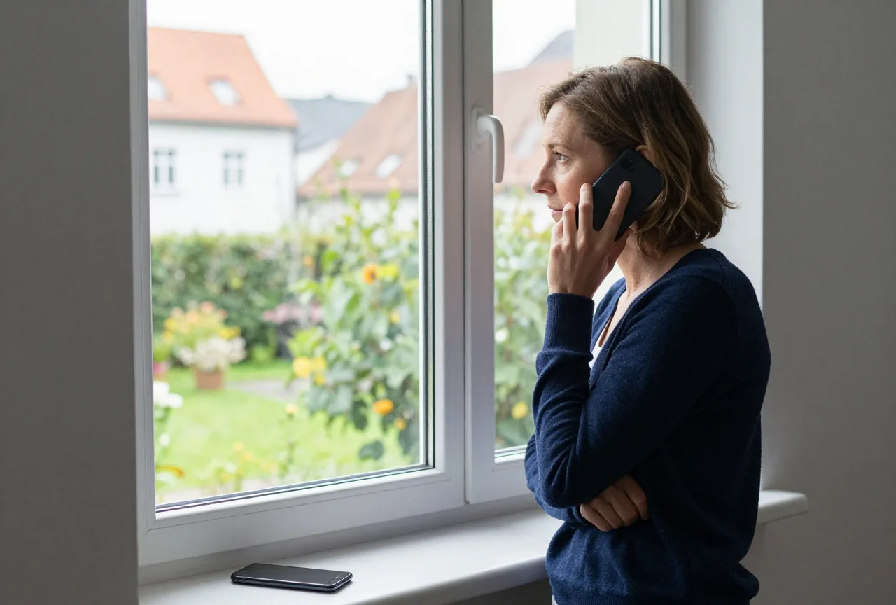 Eine Frau in den Vierzigern steht am Fenster und telefoniert, ihr Blick geht hinaus in einen Garten
