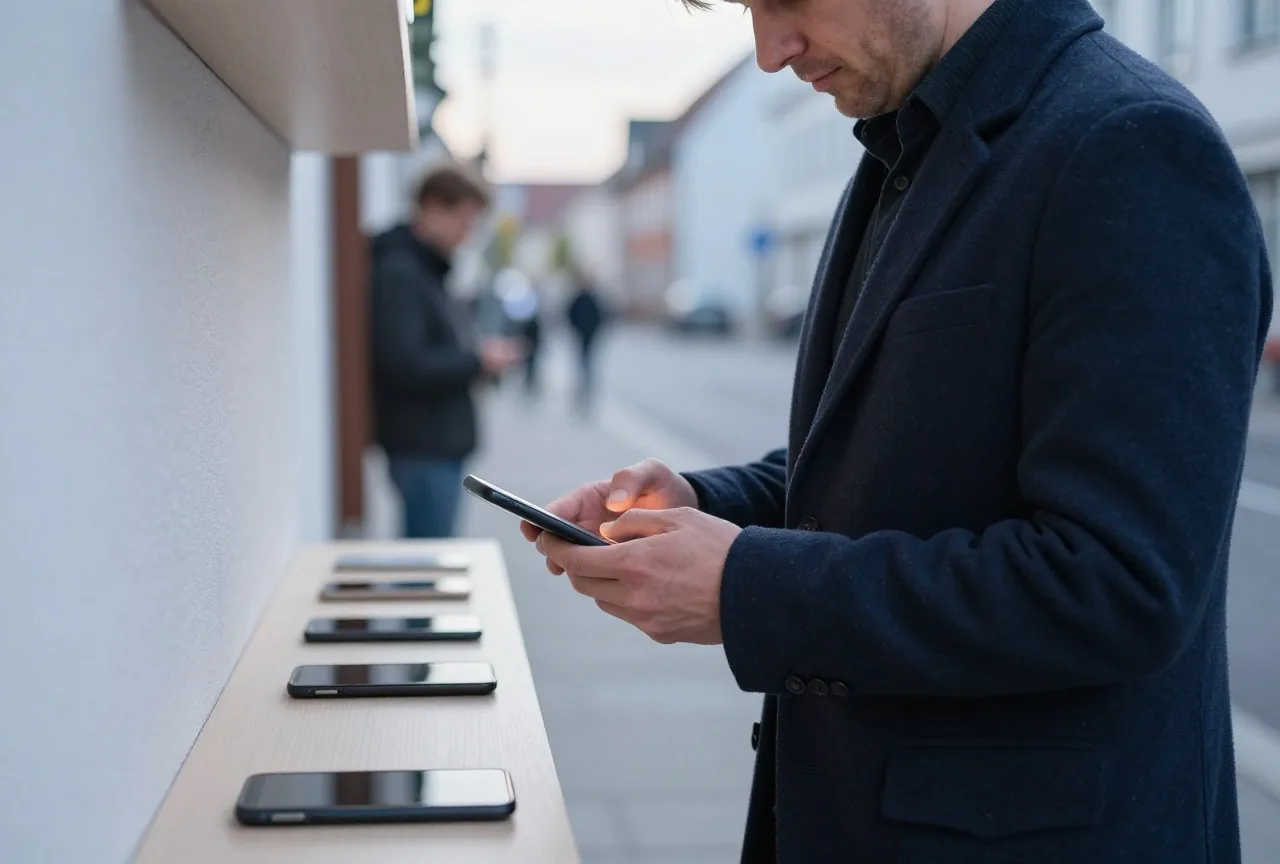Ein Mann in den Vierzigern legt nach dem Heimkommen sein Smartphone umgedreht auf eine Ablage im Flur