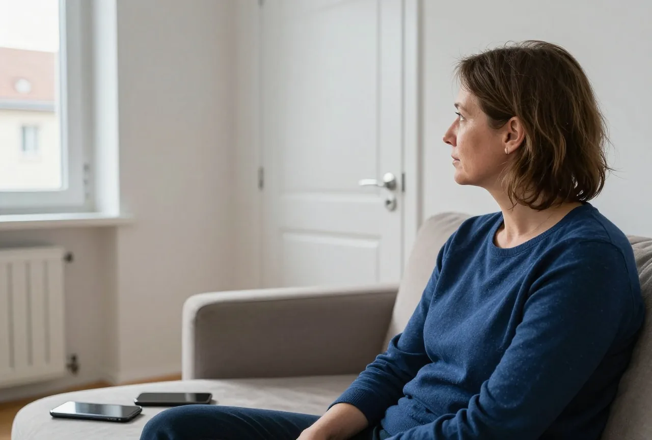 Eine Frau in den Vierzigern sitzt nachdenklich auf dem Sofa im Wohnzimmer und blickt zu einer geschlossenen Tür