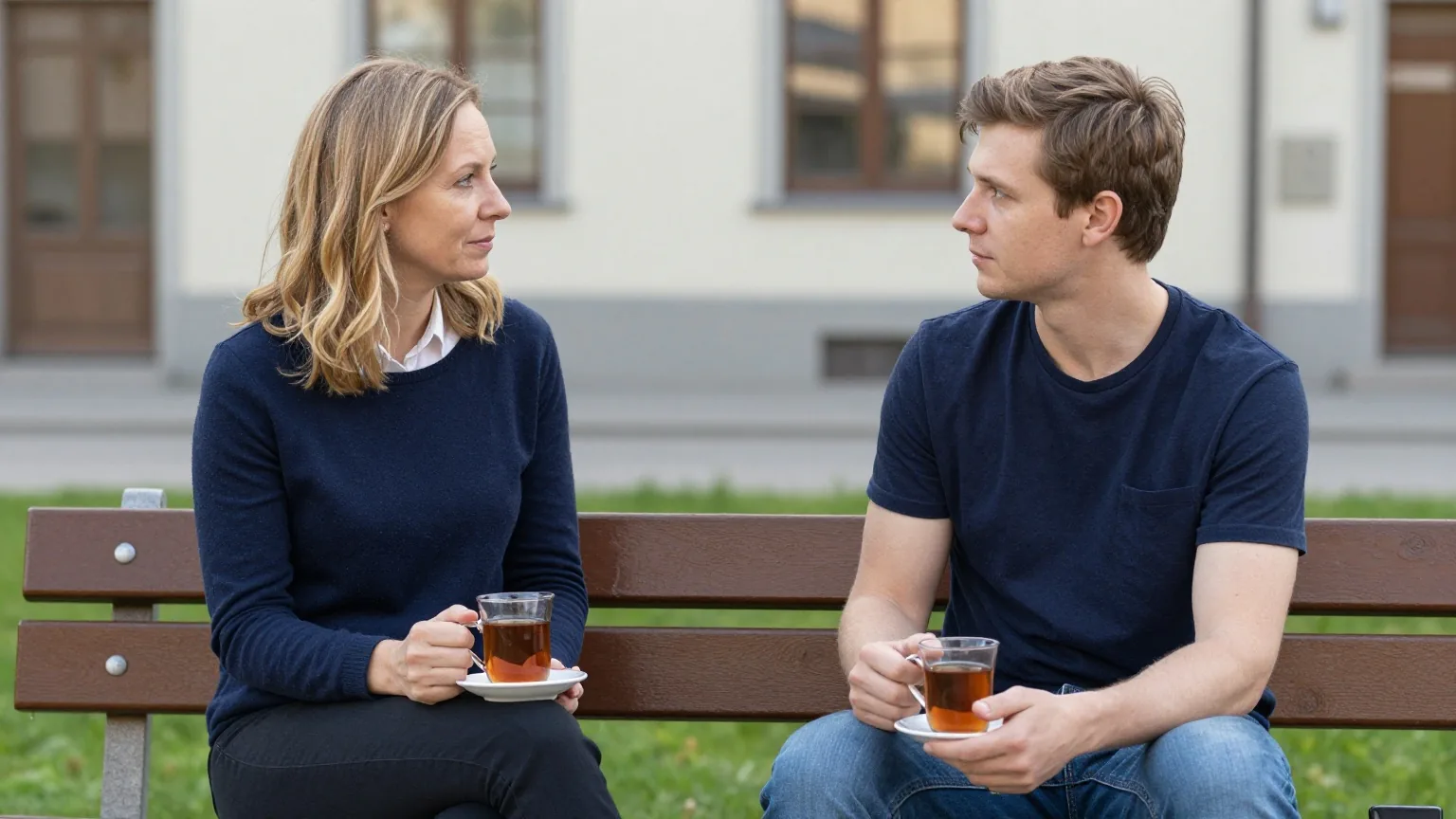Eine Mutter und ihr erwachsener Sohn sitzen auf einer Gartenbank und sprechen ruhig miteinander, dazwischen zwei Teetassen