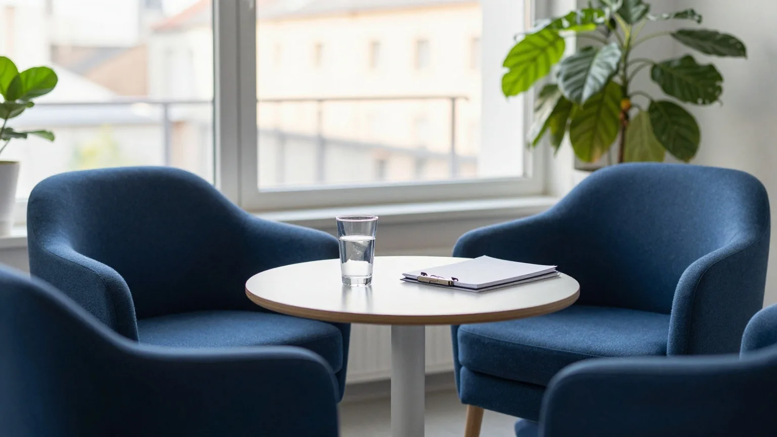 Ein ruhiges Beratungszimmer mit zwei Polsterstühlen an einem kleinen runden Tisch und Pflanzen am hellen Fenster