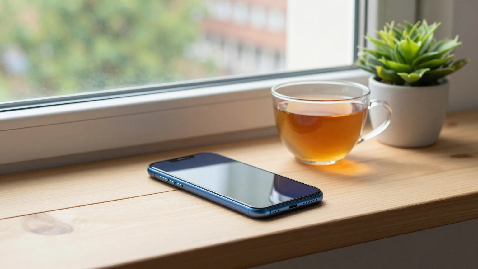 Ein Smartphone liegt umgedreht auf einer hölzernen Fensterbank neben einer Tasse Tee und einer kleinen Topfpflanze